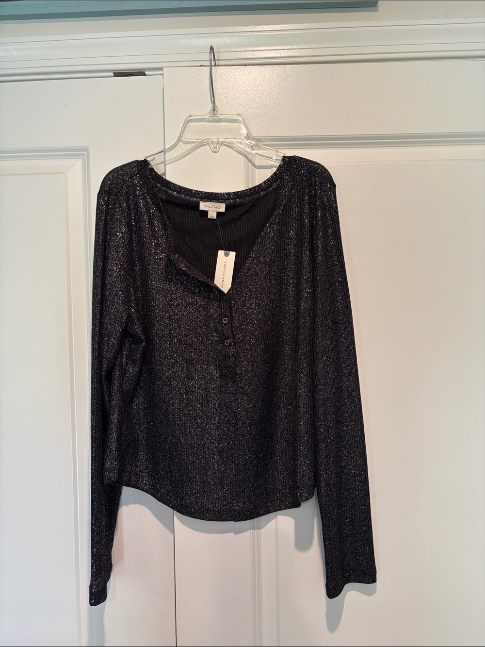 Pilcro Black Metallic Henley Long-Sleeve Top